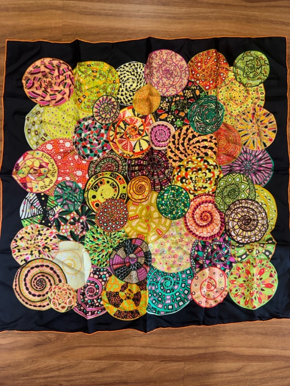NWT Hermes Multicolor Circular Motif Escargot Silk Scarf with Black Edge